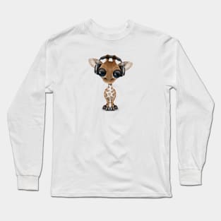 Cute Baby Giraffe Dj Wearing Headphones Long Sleeve T-Shirt